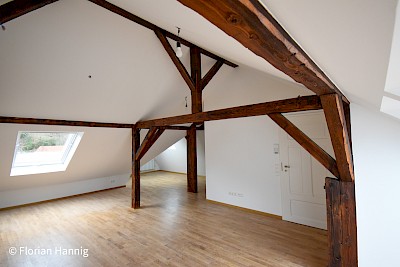 Altbausanierung einer Freiburger Villa - glatte Decken und Wände mit geölten Holzbalken